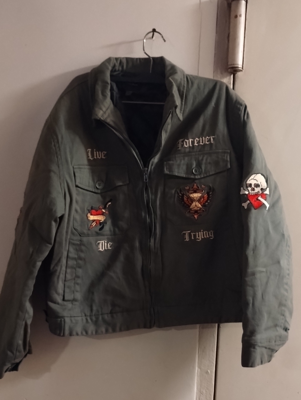 Men's Military Green Embroidered Cotton Jacket - Live Forever Design